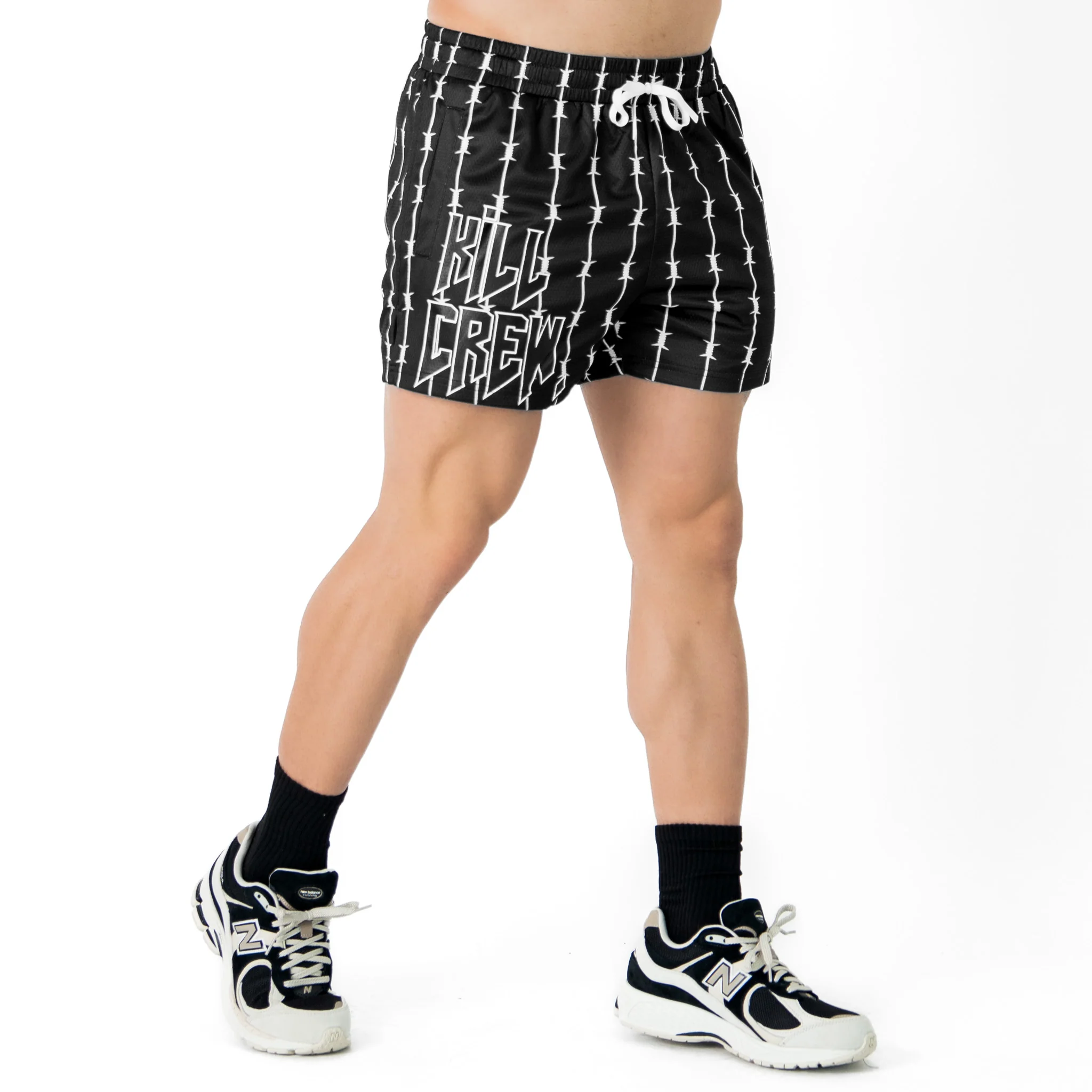 BARBWIRE MUAY THAI SHORTS (MID THIGH CUT) - BLACK / WHITE - Image 3