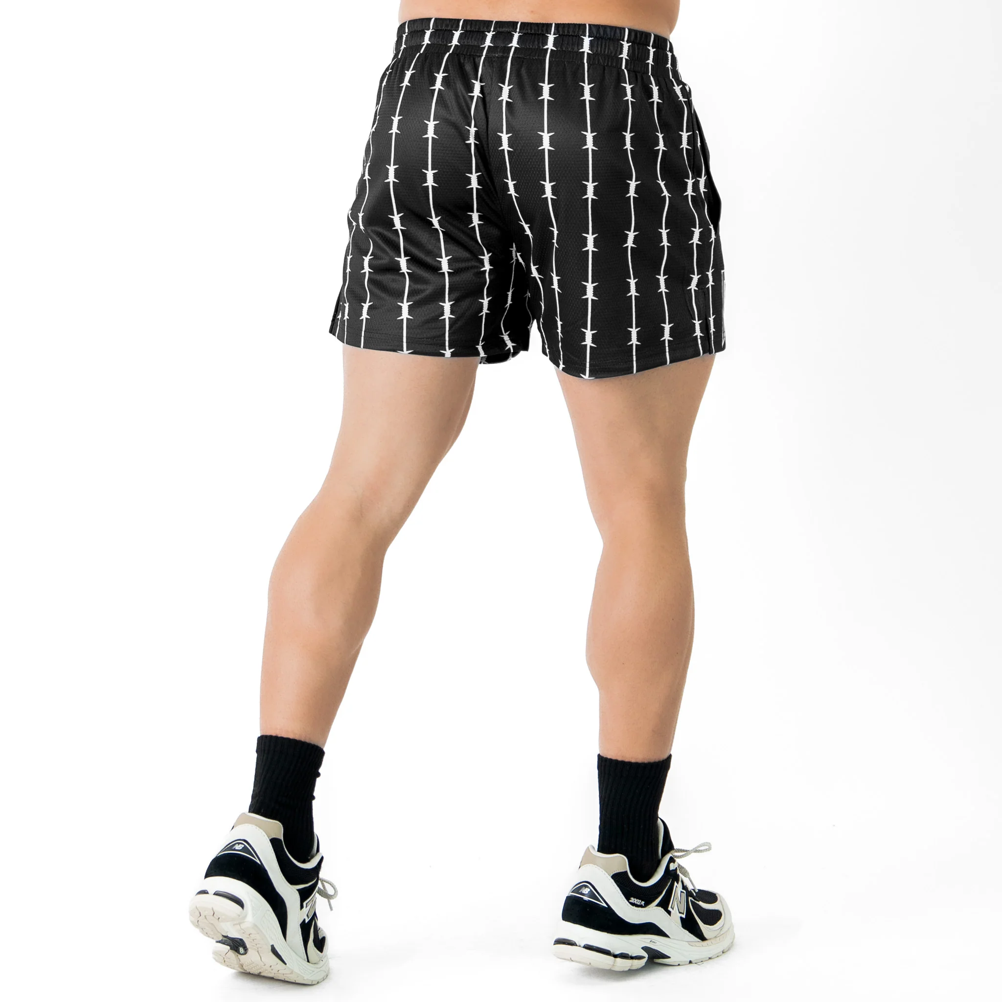 BARBWIRE MUAY THAI SHORTS (MID THIGH CUT) - BLACK / WHITE - Image 4