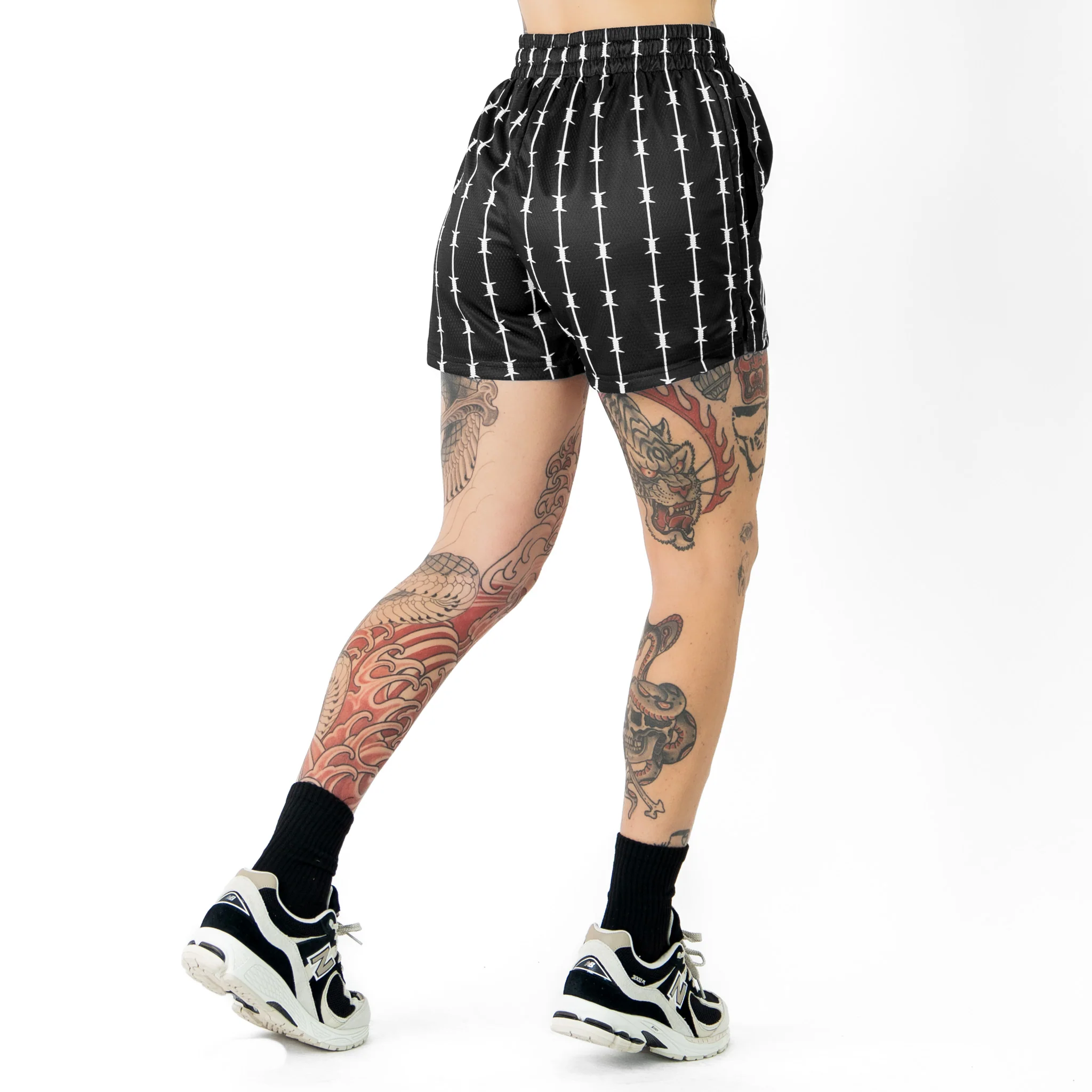 BARBWIRE MUAY THAI SHORTS (MID THIGH CUT) - BLACK / WHITE - Image 6