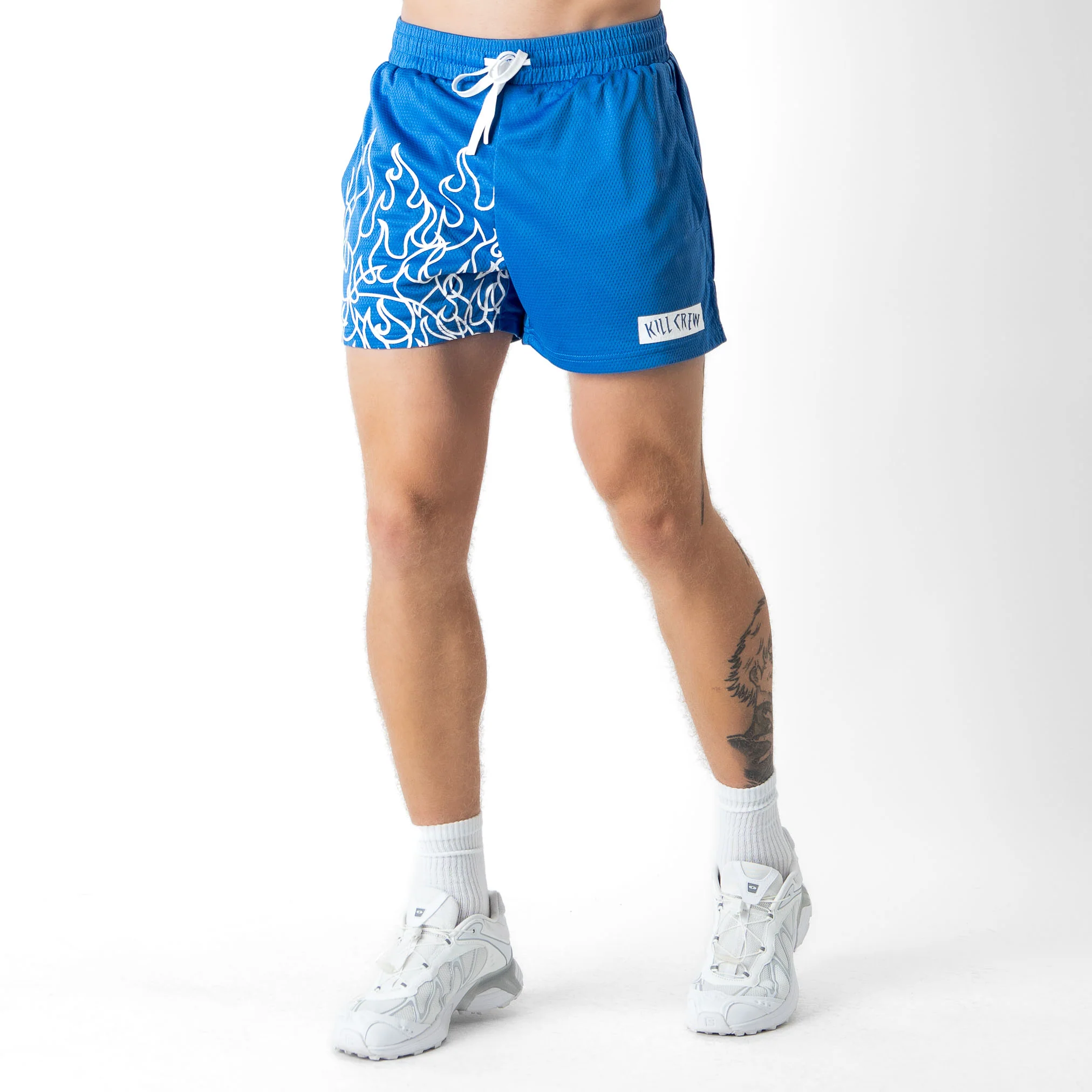 MUAY THAI FLAME SHORTS (MID THIGH CUT) - BLUE / WHITE - Image 3
