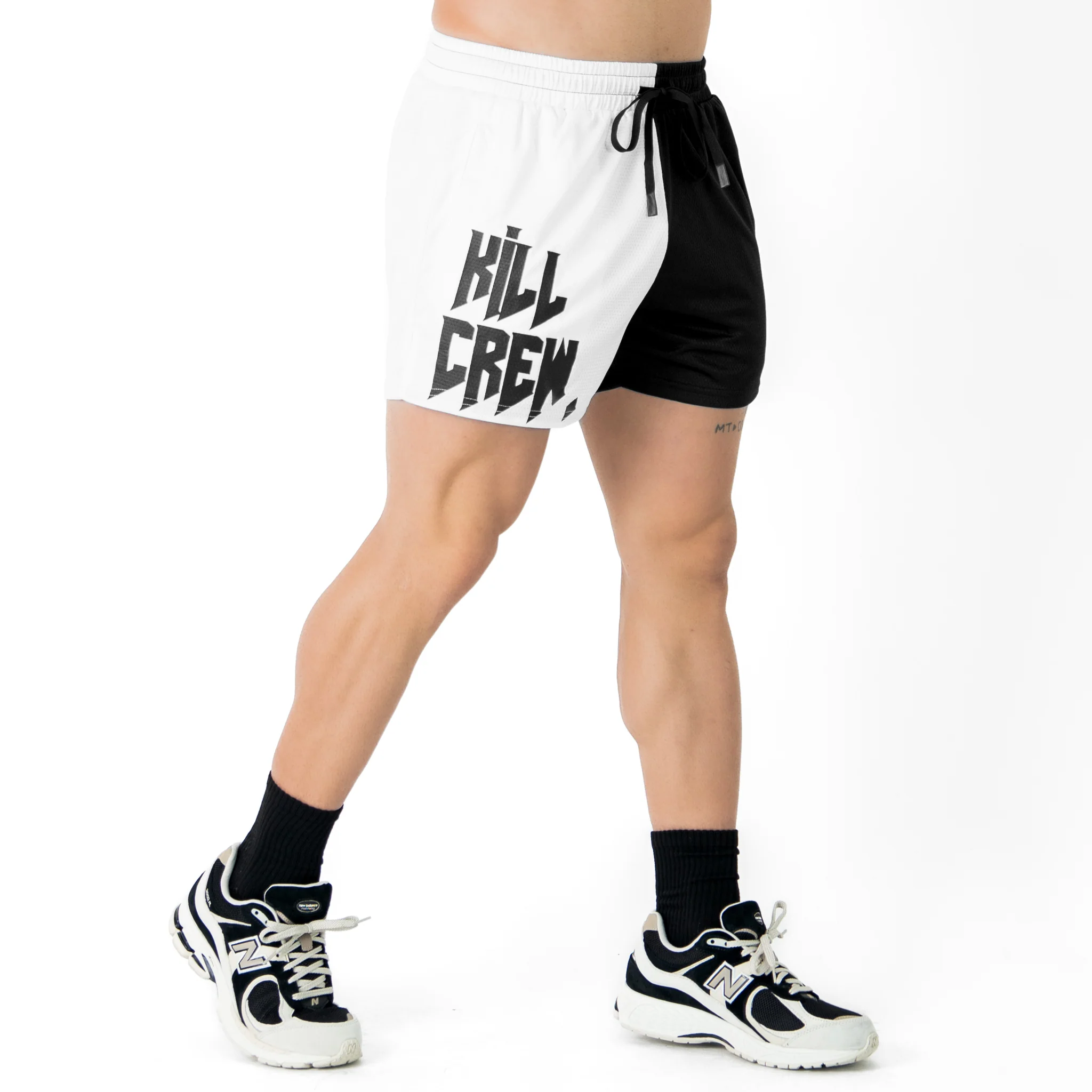 MUAY THAI SHORTS (MID THIGH CUT) 2 TONE - BLACK / WHITE - Image 3