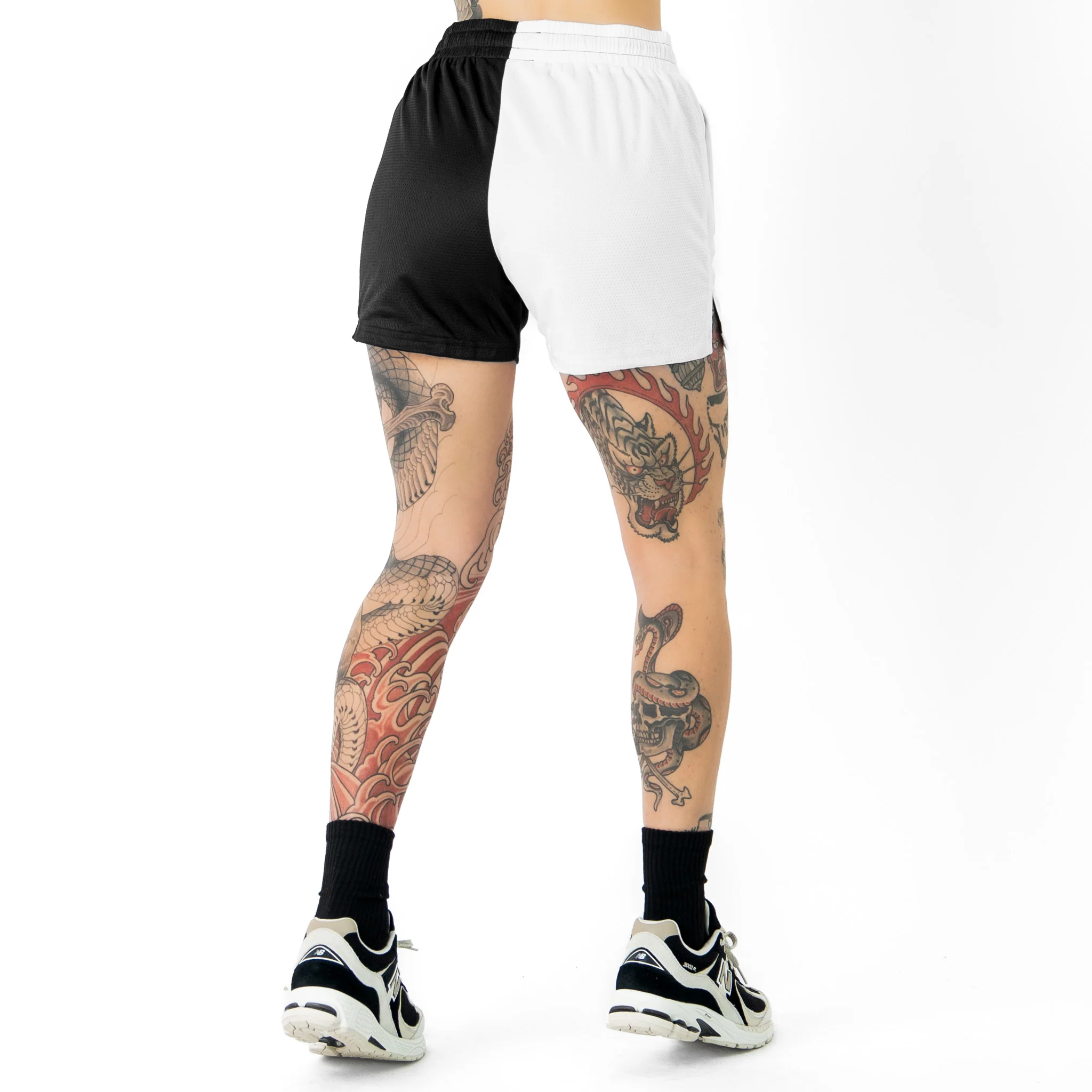 MUAY THAI SHORTS (MID THIGH CUT) 2 TONE - BLACK / WHITE - Image 6