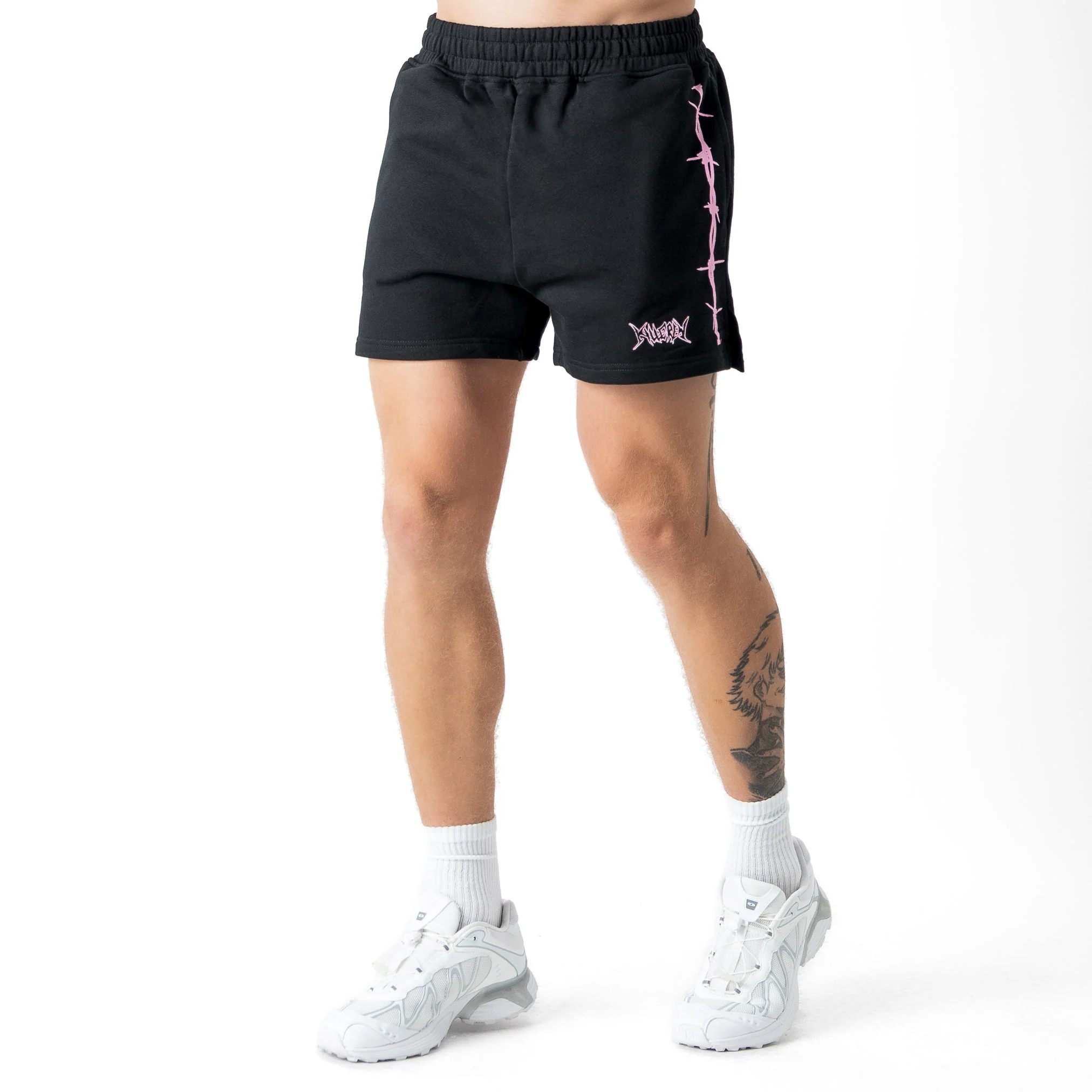 COTTON SHORTS (MID THIGH CUT) BARBWIRE - BLACK / PINK - Image 3