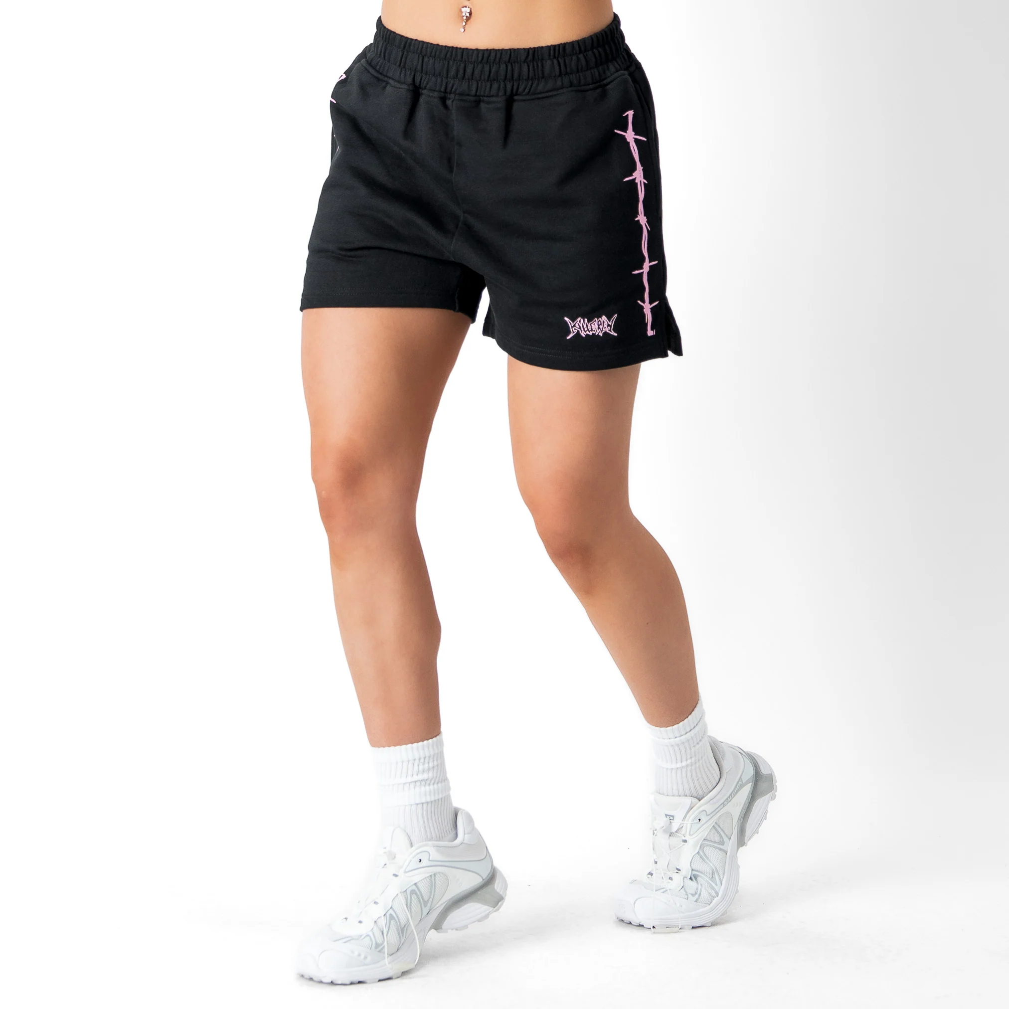 COTTON SHORTS (MID THIGH CUT) BARBWIRE - BLACK / PINK - Image 5
