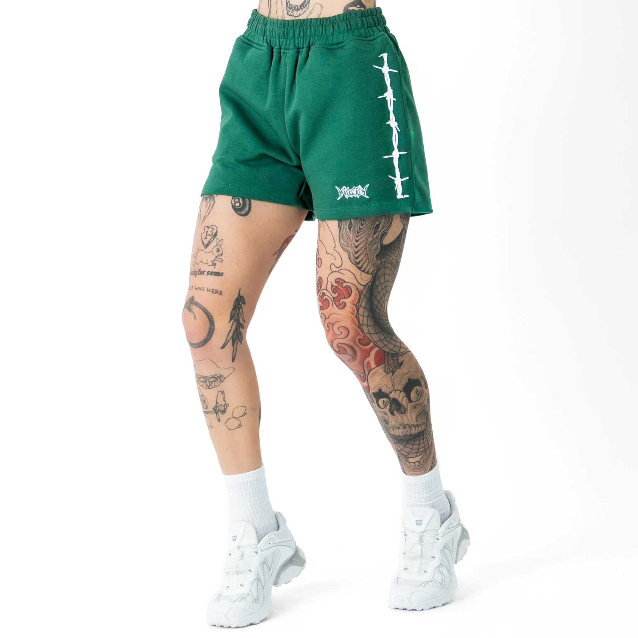 COTTON SHORTS (MID THIGH CUT) BARBWIRE - GREEN / WHITE - Image 5